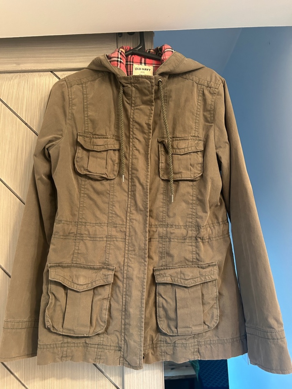 Old Navy Dark Green Hooded Field Jacket with Plaid Lining